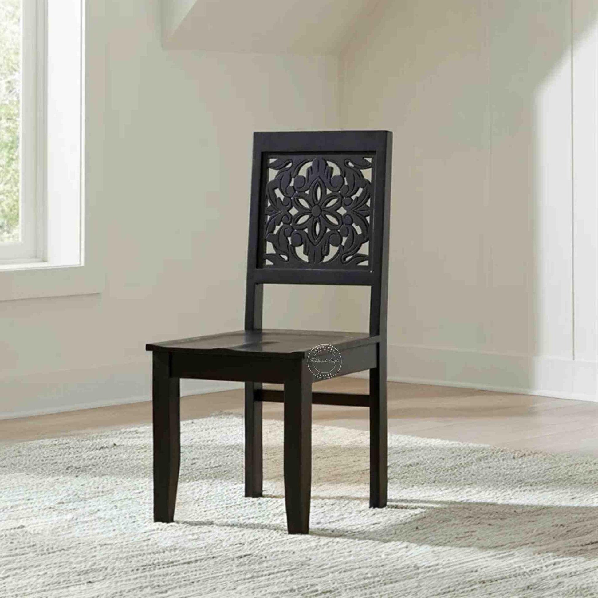 handcrafted Agasta Sheesham Wood Chair with vintage design and matte black finish