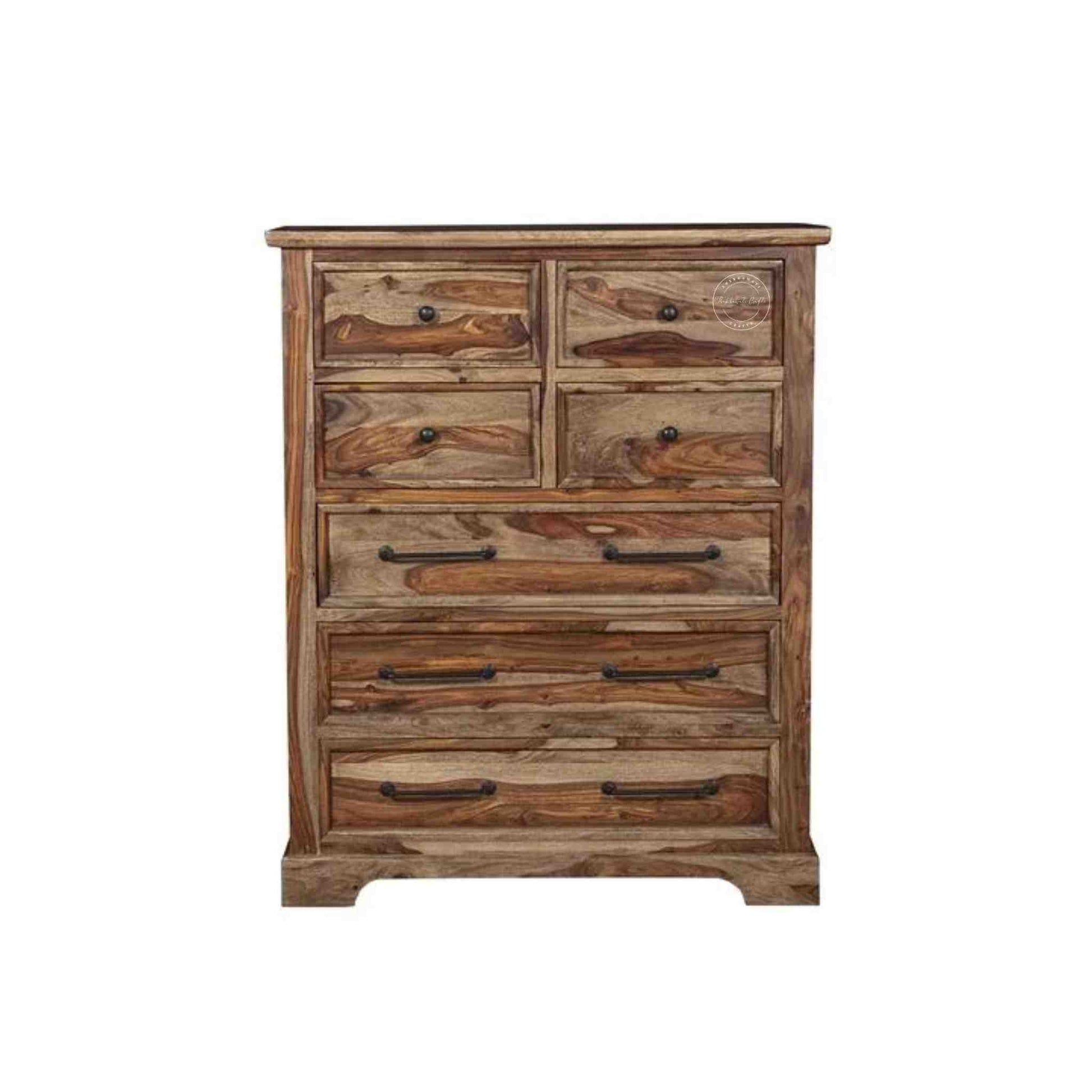 handcrafted solid wood chest of drawer with 7 drawer and natural finish.