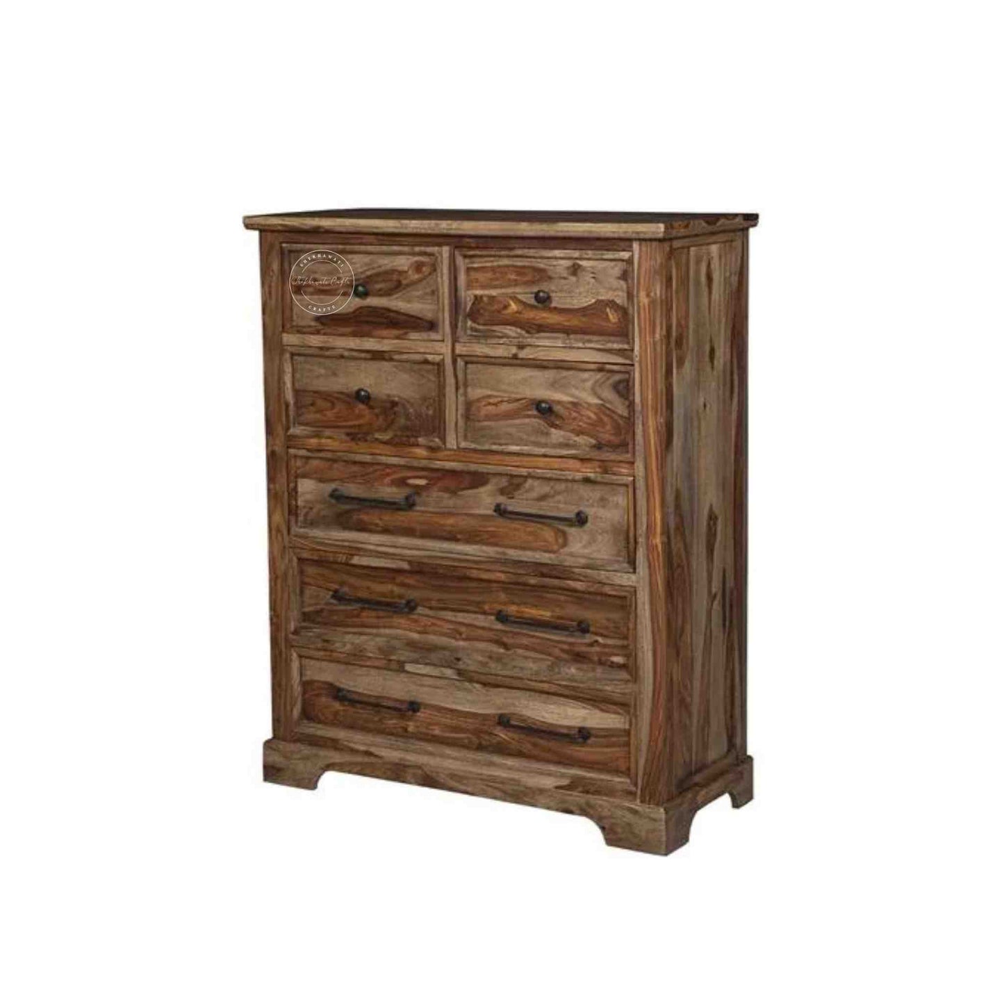 handcrafted solid wood chest of drawer with 7 drawer and natural finish.