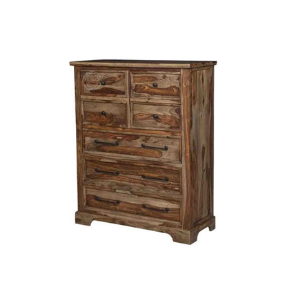 handcrafted solid wood chest of drawer with 7 drawer and natural finish.