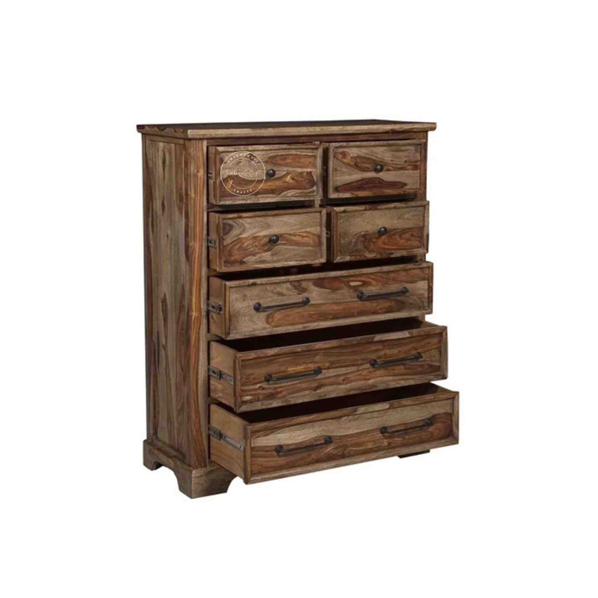 handcrafted solid wood chest of drawer with 7 drawer and natural finish.