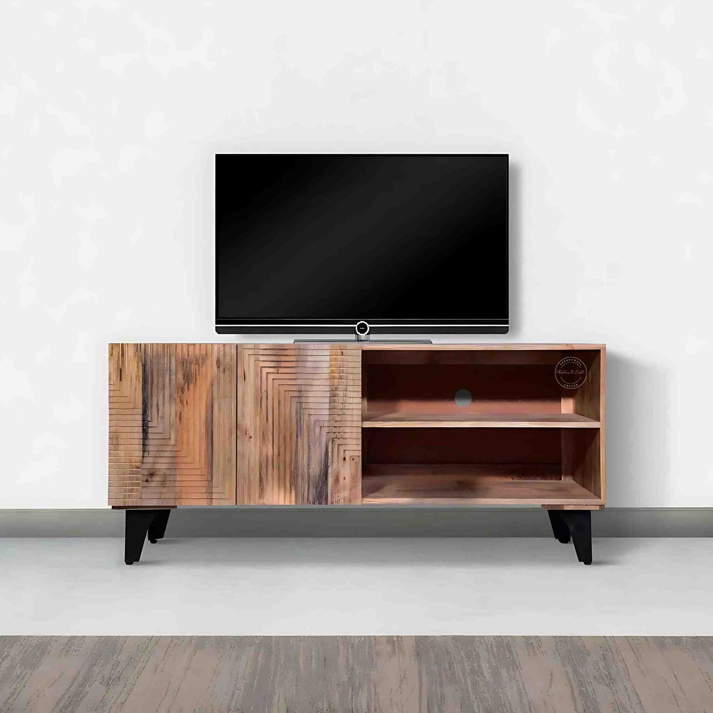 Anglo TV Cabinet is handcrafted with mango wood with 2 doors and a detachable shelf.