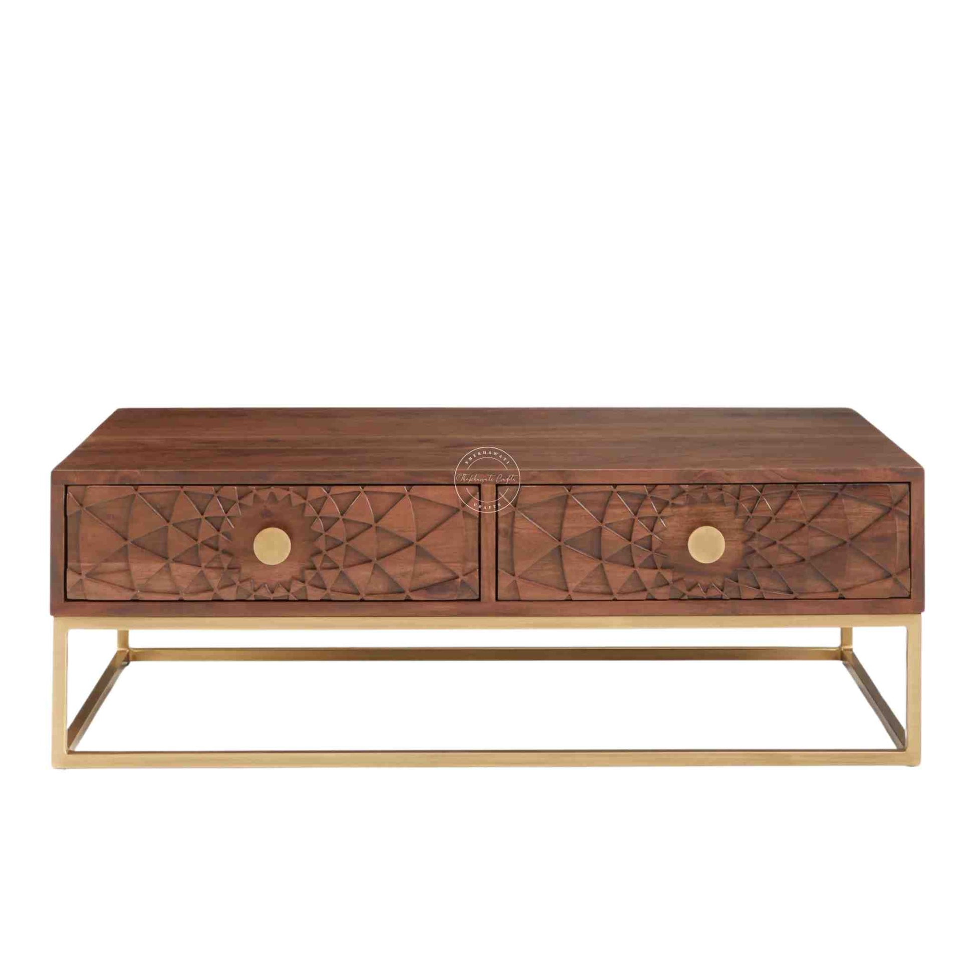 Belgium Center Table, Sheesham wood with honey finish, hand-carved drawers, golden finish iron legs