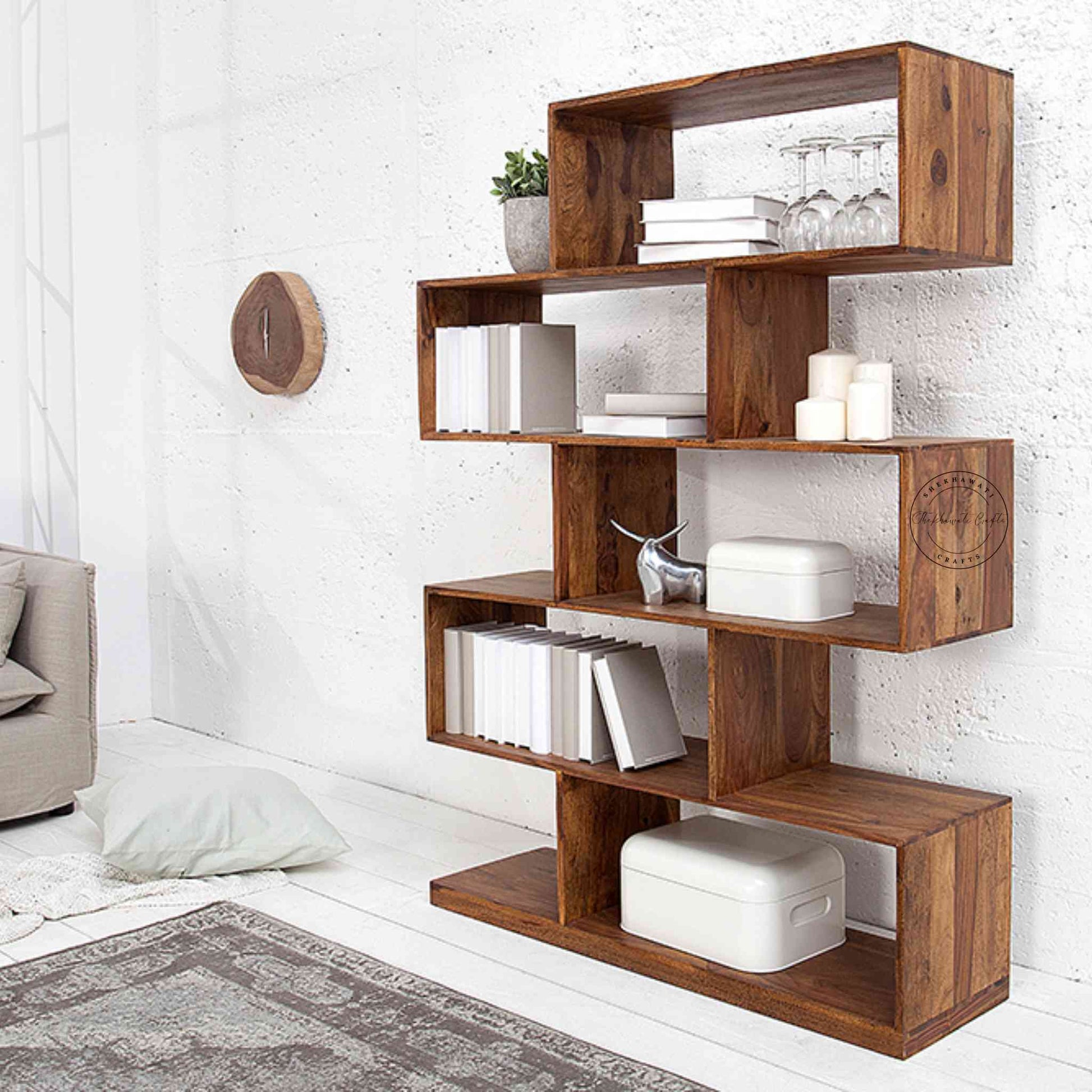 Crony Zig Zag Bookshelve is handcrafted from Sheesham wood, a modern zig zag design with 5 shelves.