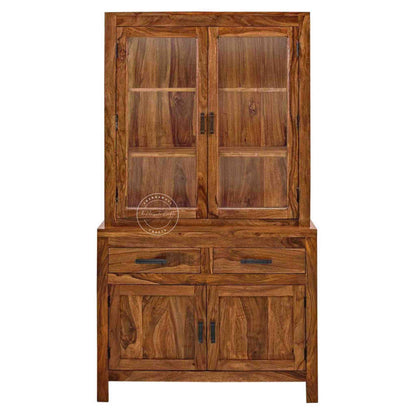 Darshini Crockery Cabinet is handcrafted with solid Sheesham wood, natural finish, mirrored doors, spacious drawers and foldable compartments.