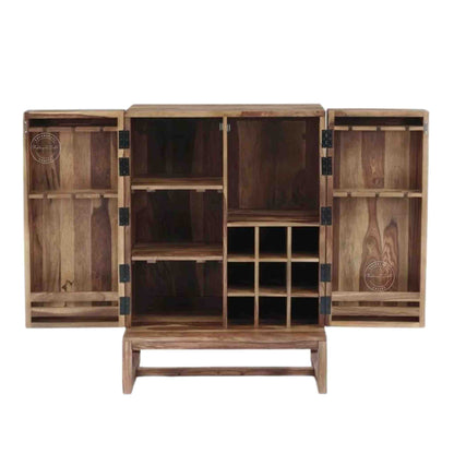 Harness Bar Cabinet is handcrafted with solid sheesham wood, two doors and bottles and glass section for storage