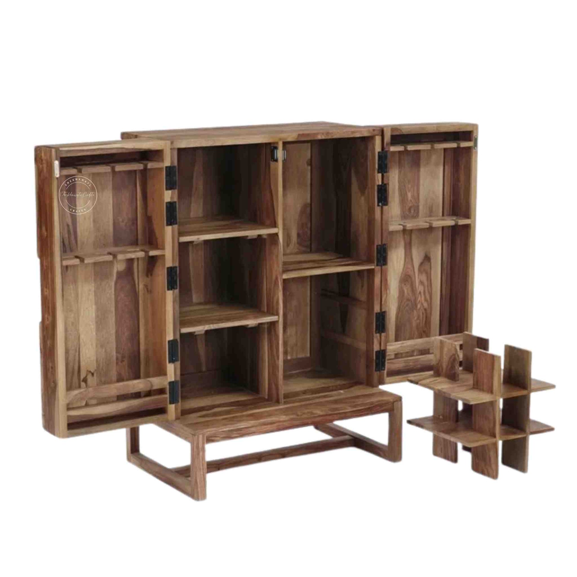 Harness Bar Cabinet is handcrafted with solid sheesham wood, two doors and bottles and glass section for storage