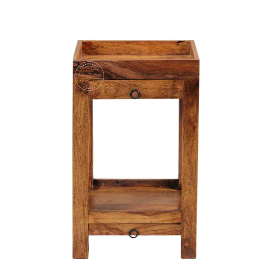 handcrafted Homi wooden End Table with 2 drawers and natural finish.