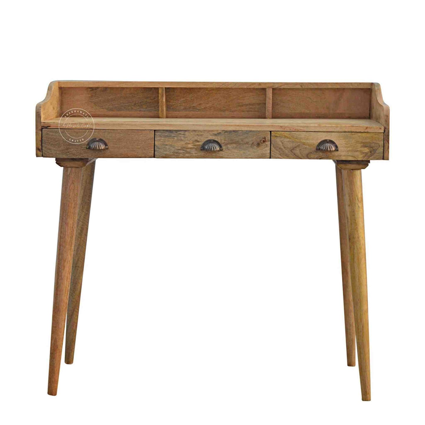 Handcrafted mango wood study desk with detachable legs, three drawers, and a luxurious natural finish for any workspace.