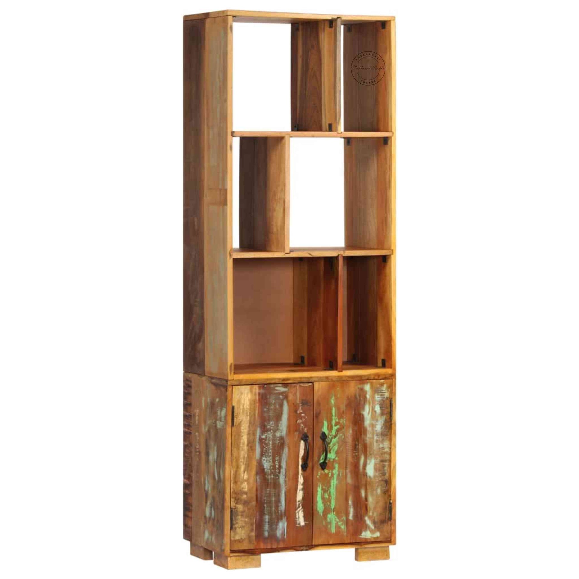 Johan Book Shelf is handcrafted from mango wood, a rustic natural finish, an antique design and 2 doors.