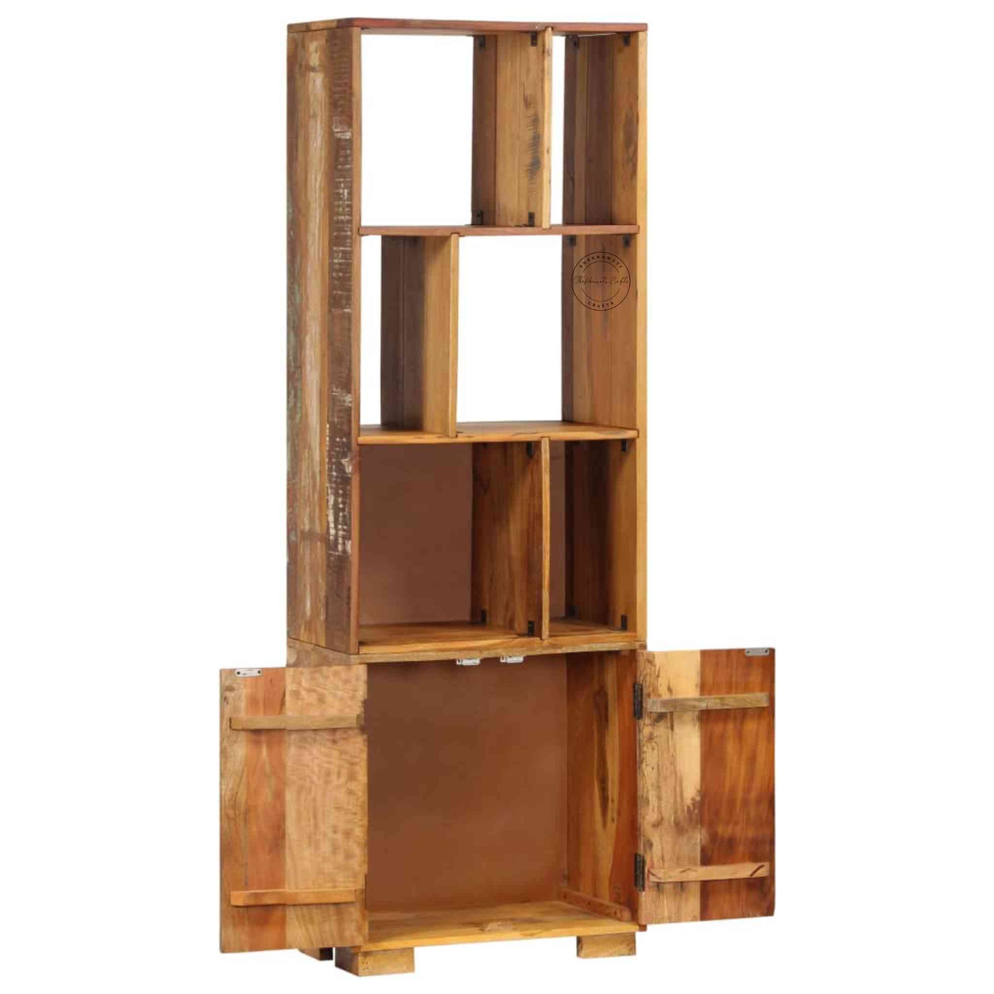 Johan Book Shelf is handcrafted from mango wood, a rustic natural finish, an antique design and 2 doors.