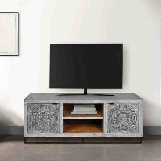 Lavender Vintage TV Cabinet made from solid mango wood, showcasing hand-carved details and durable iron legs for stability.