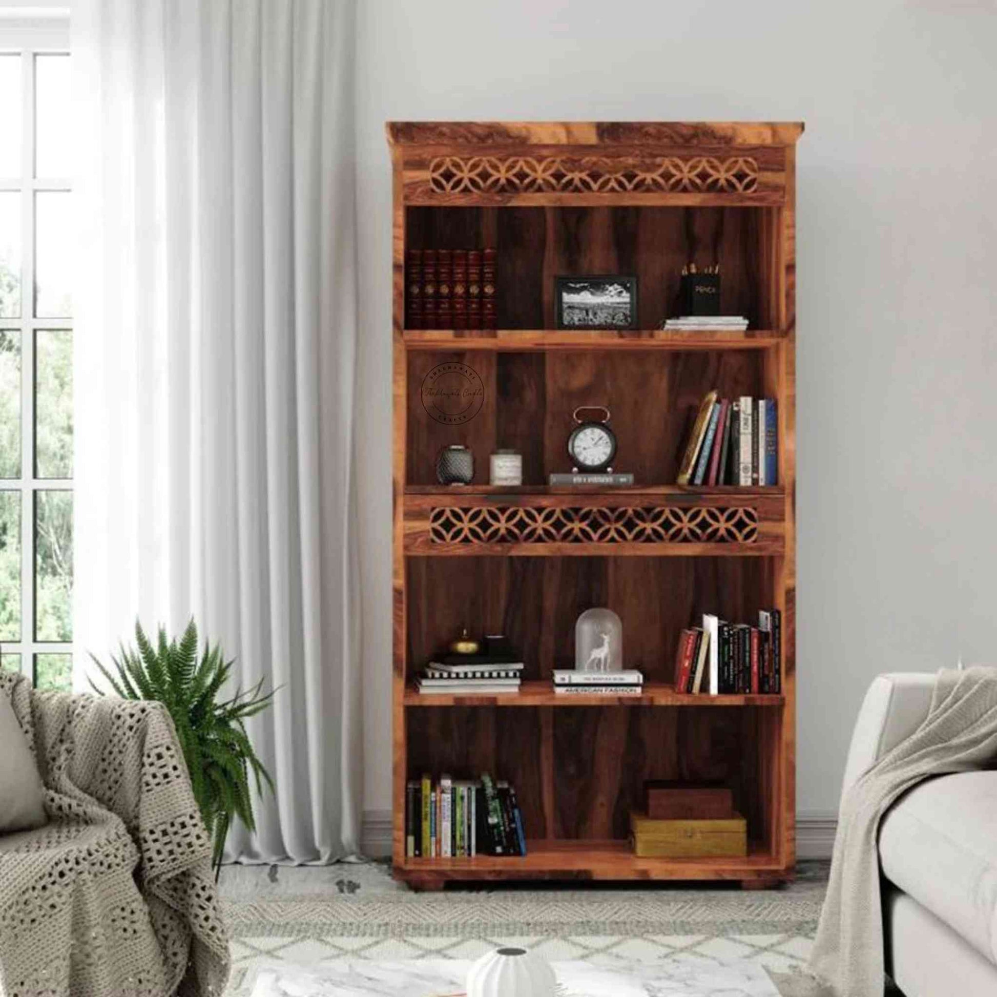 Mirra Wooden Bookshelve is handcrafted with sheesham wood, honey finish, 1 drawer and 4 shelves.