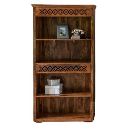 Mirra Wooden Bookshelve is handcrafted with sheesham wood, honey finish, 1 drawer and 4 shelves.