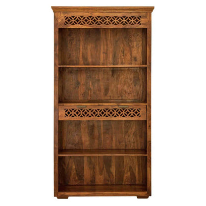 Mirra Wooden Bookshelve is handcrafted with sheesham wood, honey finish, 1 drawer and 4 shelves.