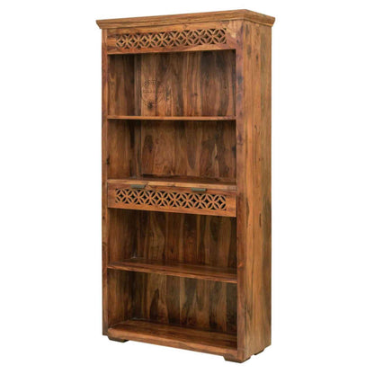 Mirra Wooden Bookshelve is handcrafted with sheesham wood, honey finish, 1 drawer and 4 shelves.