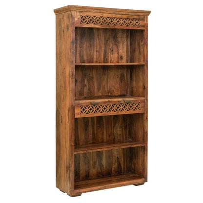 Mirra Wooden Bookshelve is handcrafted with sheesham wood, honey finish, 1 drawer and 4 shelves.