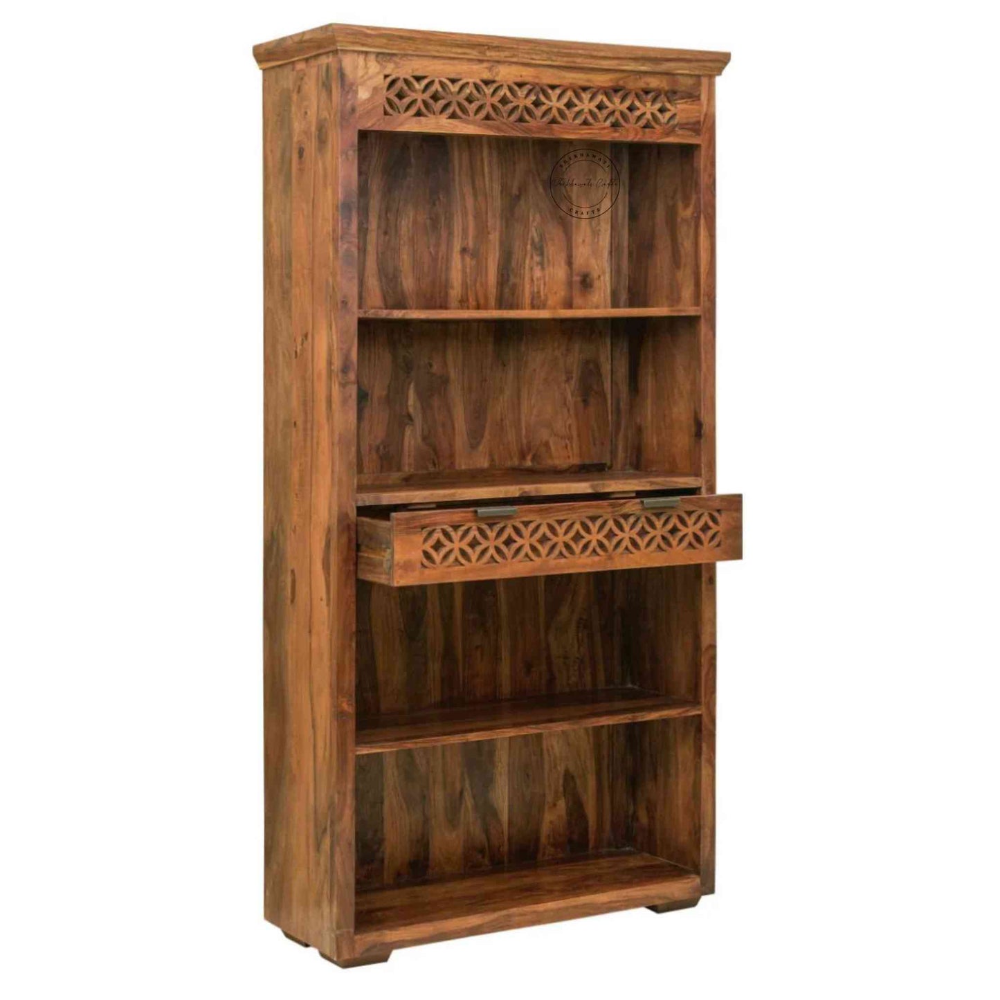 Mirra Wooden Bookshelve is handcrafted with sheesham wood, honey finish, 1 drawer and 4 shelves.