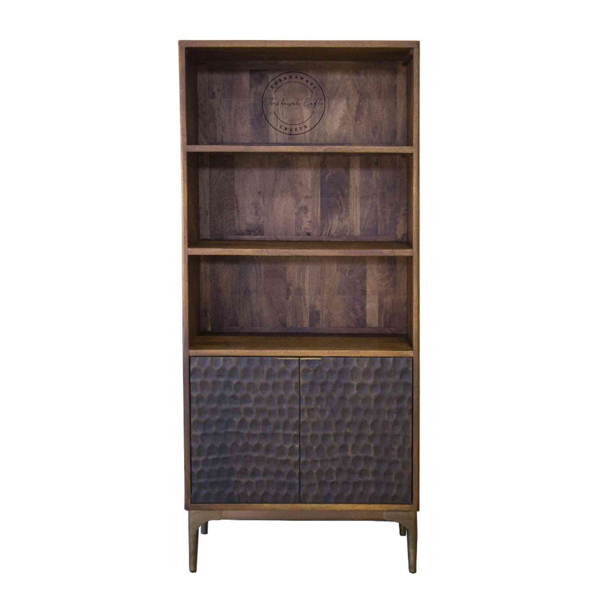 Ren Bookshelves in Sheesham wood, light walnut finish, three shelves, two doors with foldable shelves, wooden Bookshelves for home or office.