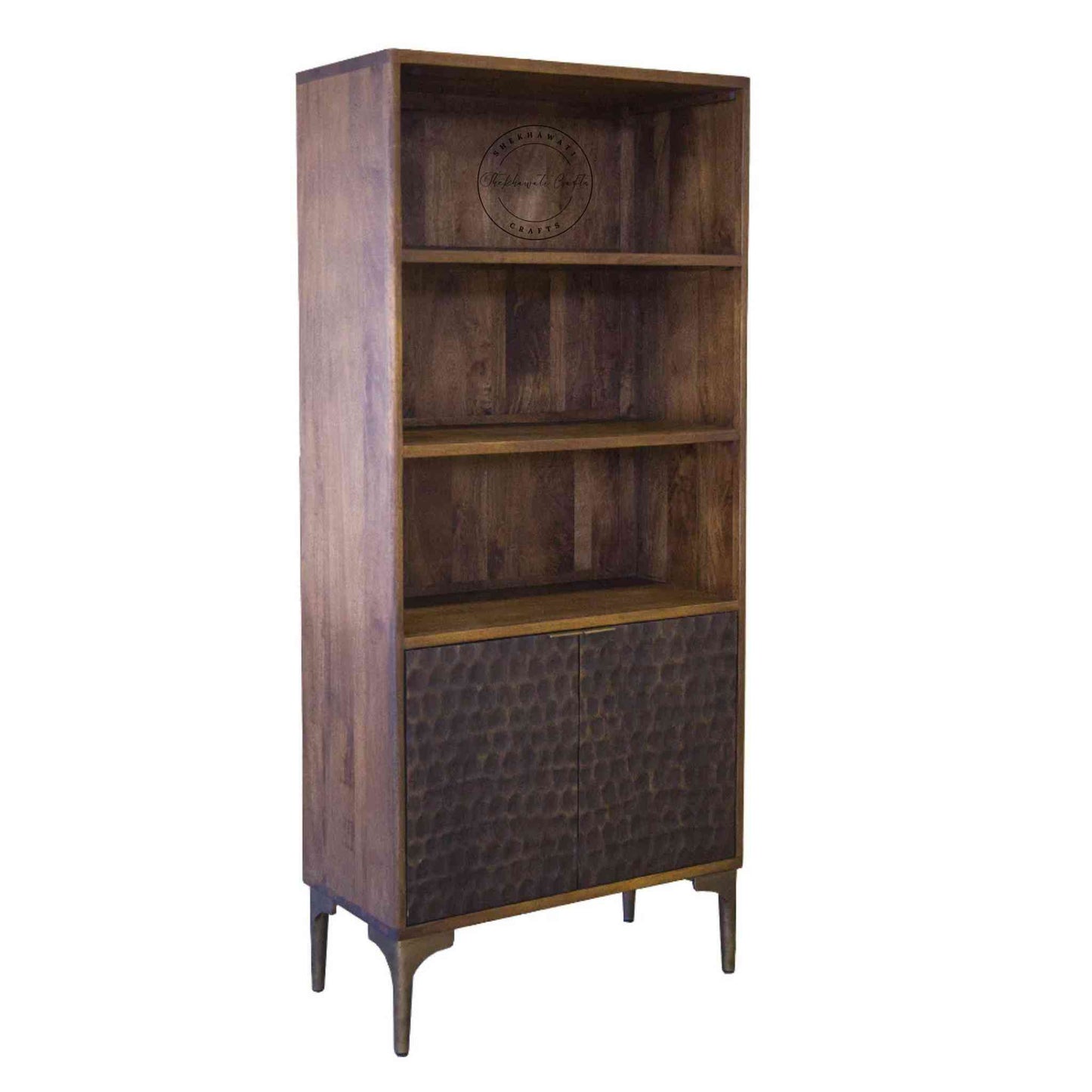 Ren Bookshelves in Sheesham wood, light walnut finish, three shelves, two doors with foldable shelves, wooden Bookshelves for home or office.