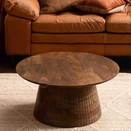 Handcrafted Round coffee table with a natural finish, mango wood coffee table for home, office, and garden furniture.