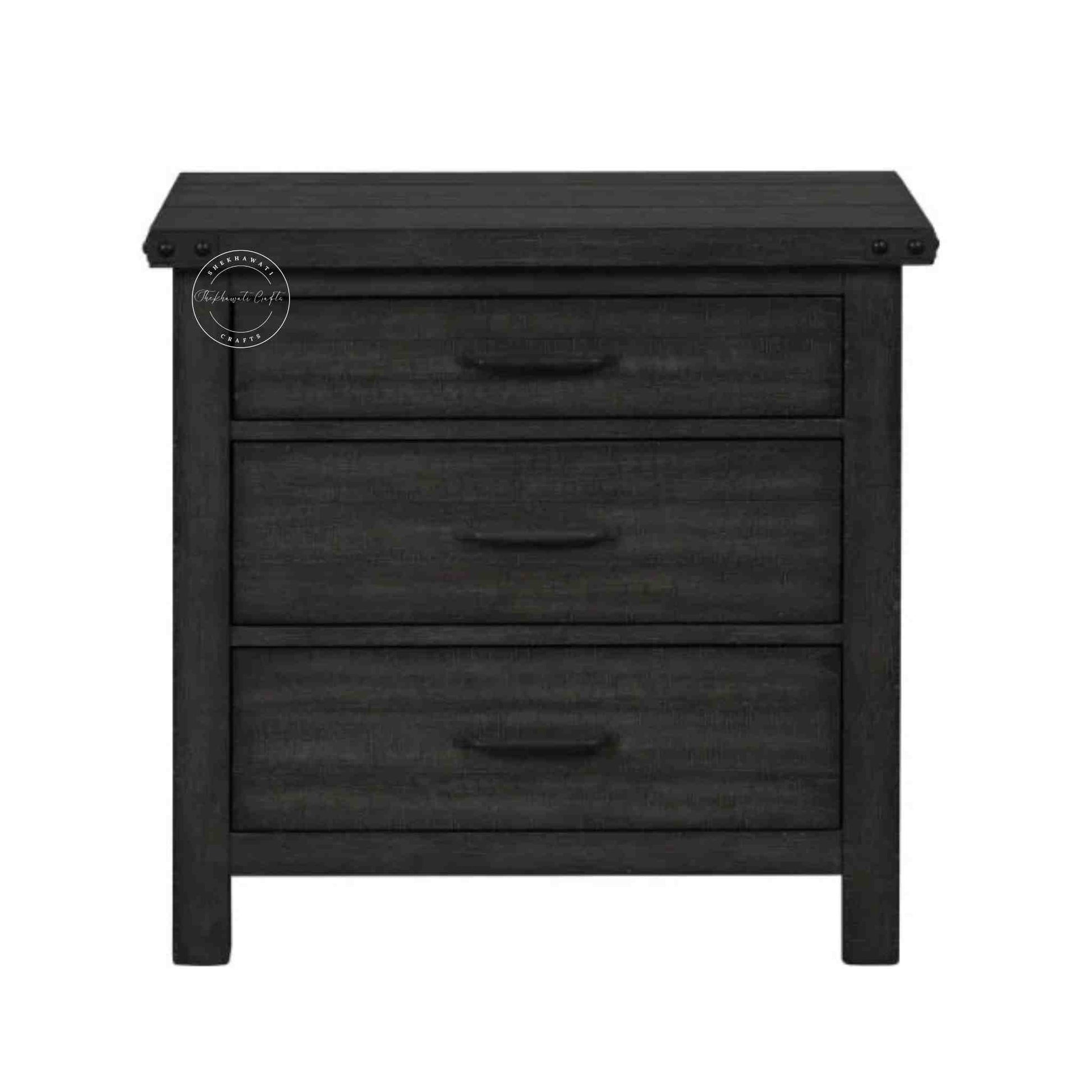 Ridhan Chest of Drawer is Handcrafted with mango wood with a matte black finish, a wooden cabinet with 3 drawers.