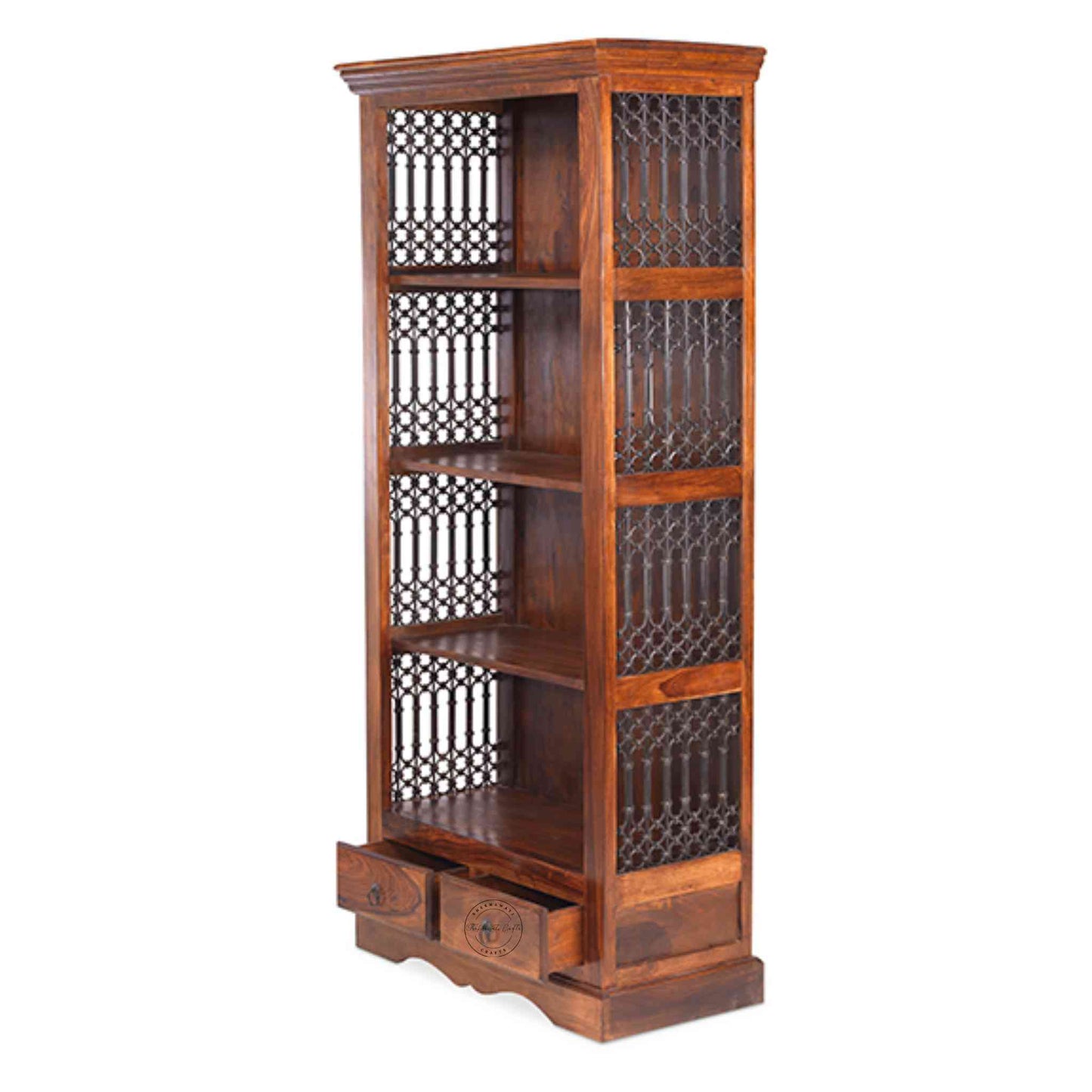 Handcrafted Sheesham wood bookshelf with iron jali, honey finish, four shelves and two drawers. Perfect for home and office wooden furniture.