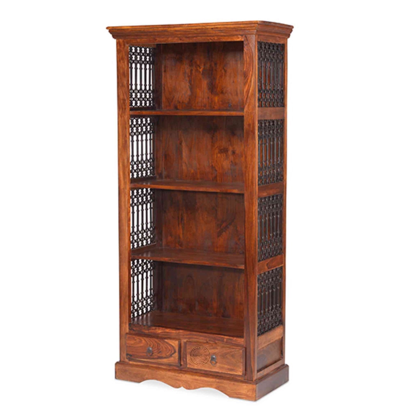 Handcrafted Sheesham wood bookshelf with iron jali, honey finish, four shelves and two drawers. Perfect for home and office wooden furniture.