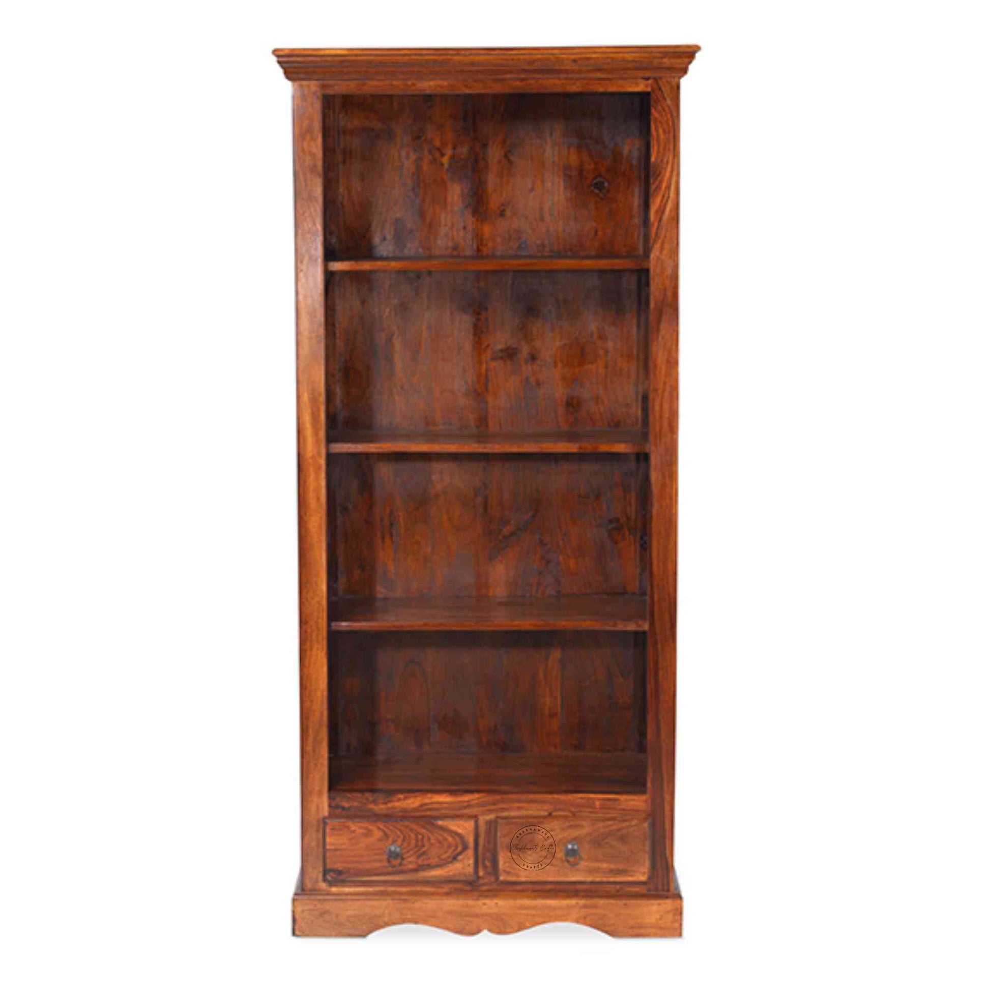 Handcrafted Sheesham wood bookshelf with iron jali, honey finish, four shelves and two drawers. Perfect for home and office wooden furniture.