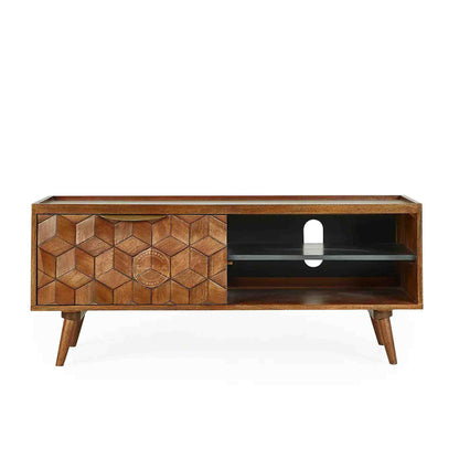 Handcrafted mango wood TV Unit with honey finish, foldable legs, detachable black shelf, ample storage, wooden TV showcase for home or office furniture.