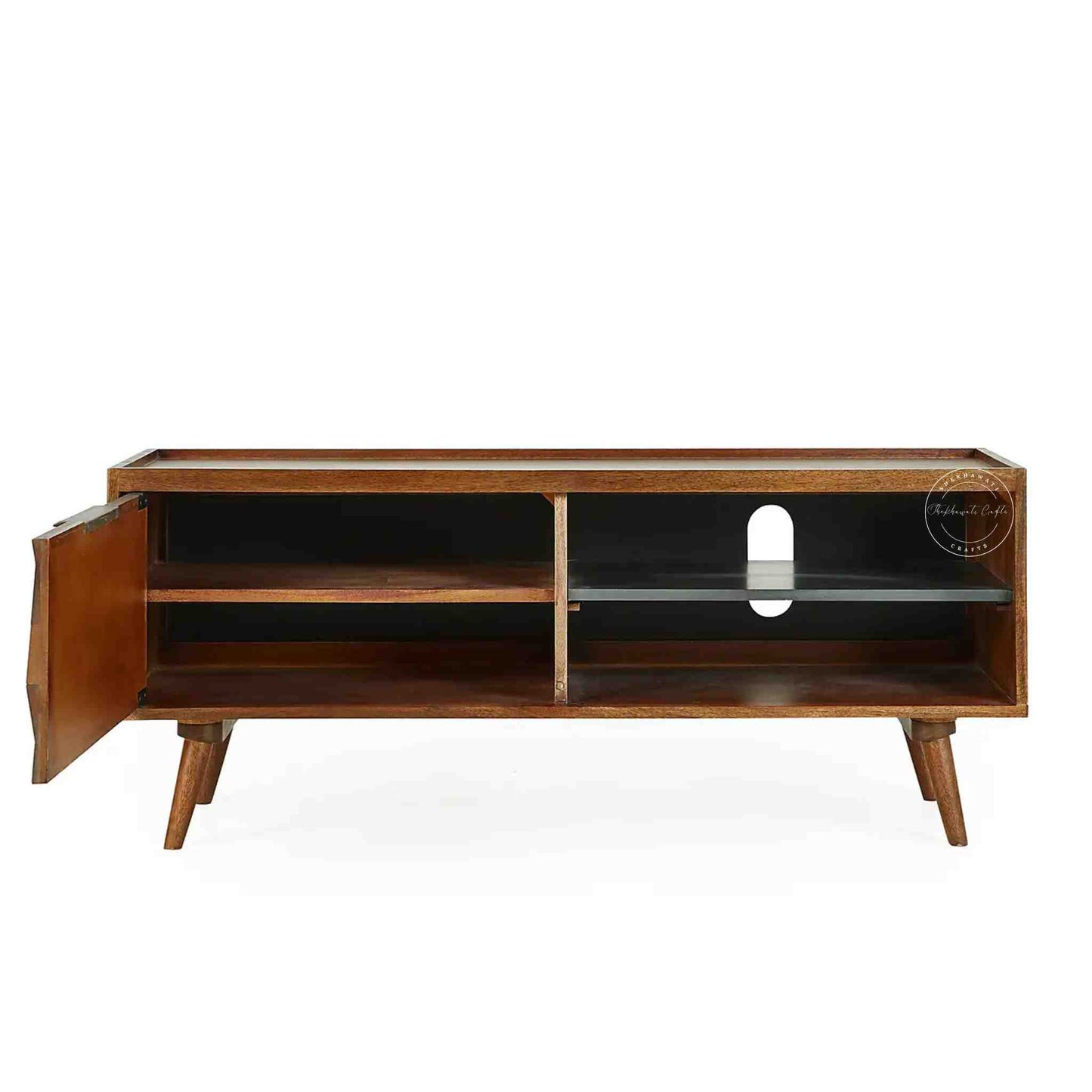 Handcrafted mango wood TV Unit with honey finish, foldable legs, detachable black shelf, ample storage, wooden TV showcase for home or office furniture.