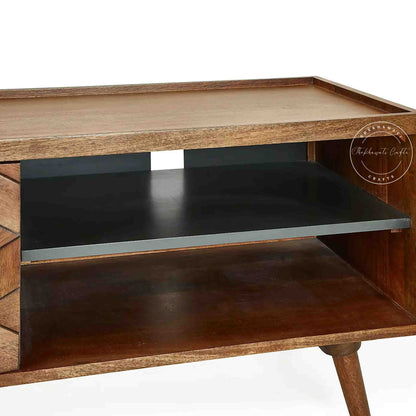 Handcrafted mango wood TV Unit with honey finish, foldable legs, detachable black shelf, ample storage, wooden TV showcase for home or office furniture.