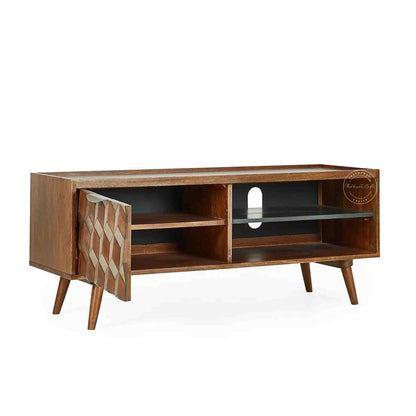 Handcrafted mango wood TV Unit with honey finish, foldable legs, detachable black shelf, ample storage, wooden TV showcase for home or office furniture.