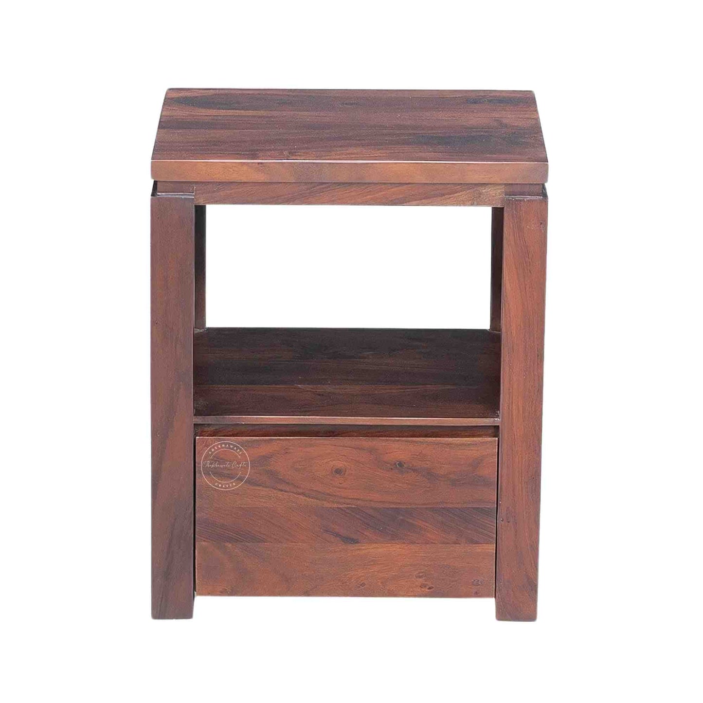 Handcrafted Sheesham wood bedside table with a natural finish, single drawer, and open shelf. Ideal as a nightstand or side table.