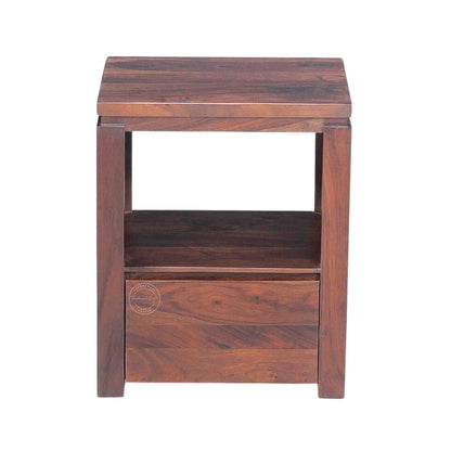 Handcrafted Sheesham wood bedside table with a natural finish, single drawer, and open shelf. Ideal as a nightstand or side table.