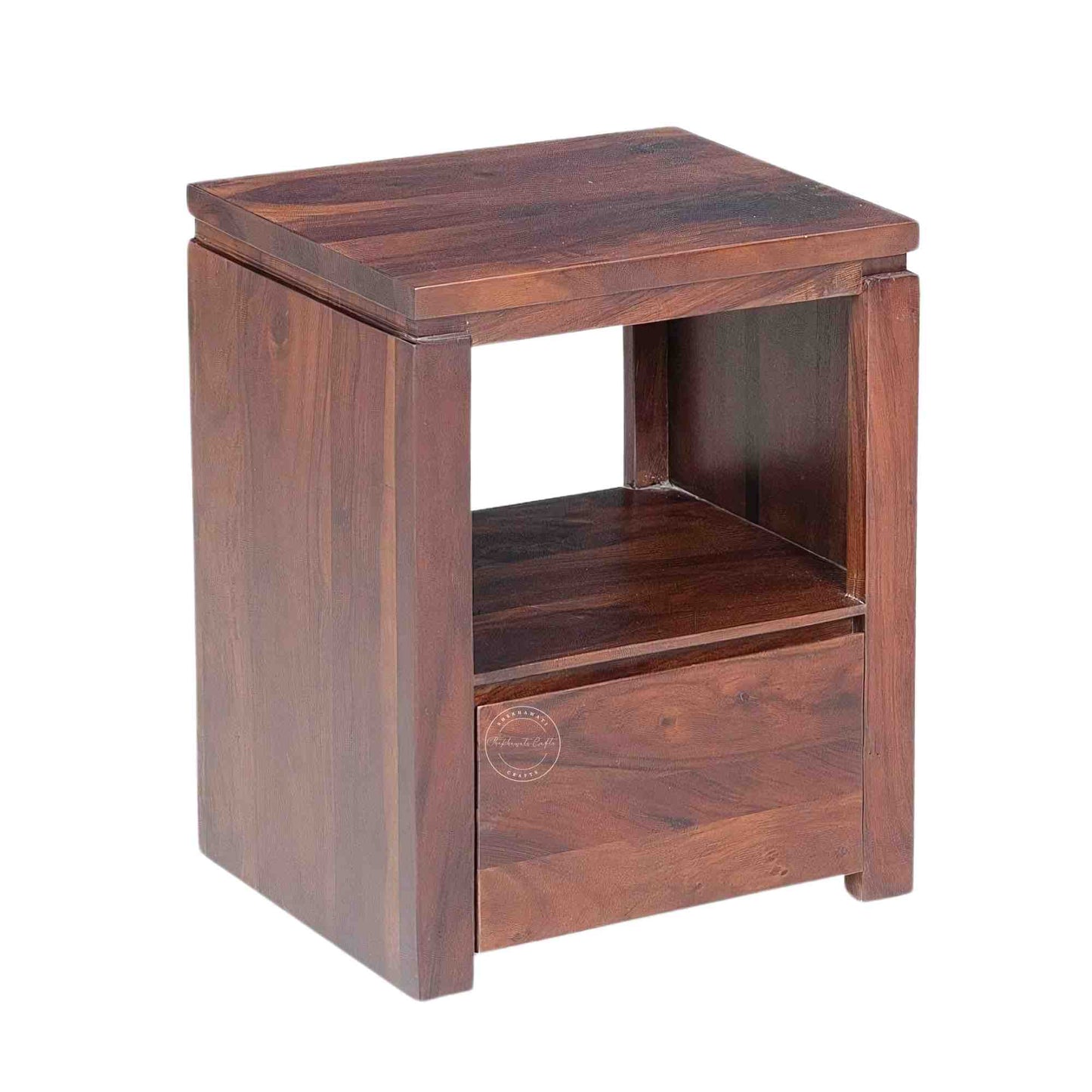 Handcrafted Sheesham wood bedside table with a natural finish, single drawer, and open shelf. Ideal as a nightstand or side table.