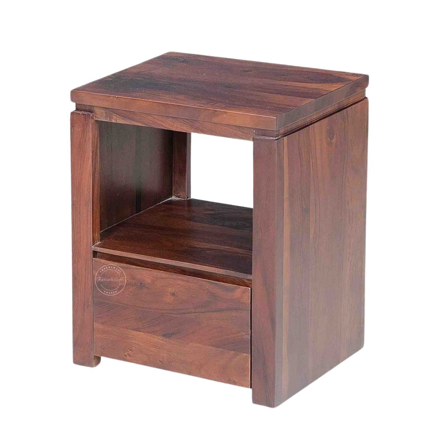 Handcrafted Sheesham wood bedside table with a natural finish, single drawer, and open shelf. Ideal as a nightstand or side table.