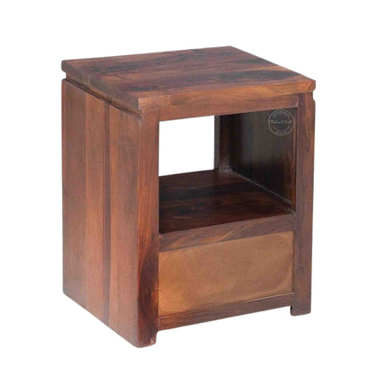 Handcrafted Sheesham wood bedside table with a natural finish, single drawer, and open shelf. Ideal as a nightstand or side table.