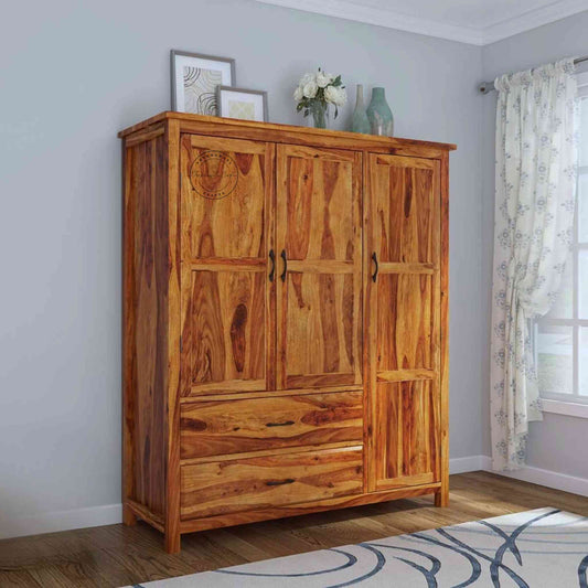 Handcrafted Sheesham wood wardrobe with honey finish, four shelves, two large shelves, and drawers. Ideal for modern bedroom storage solutions.