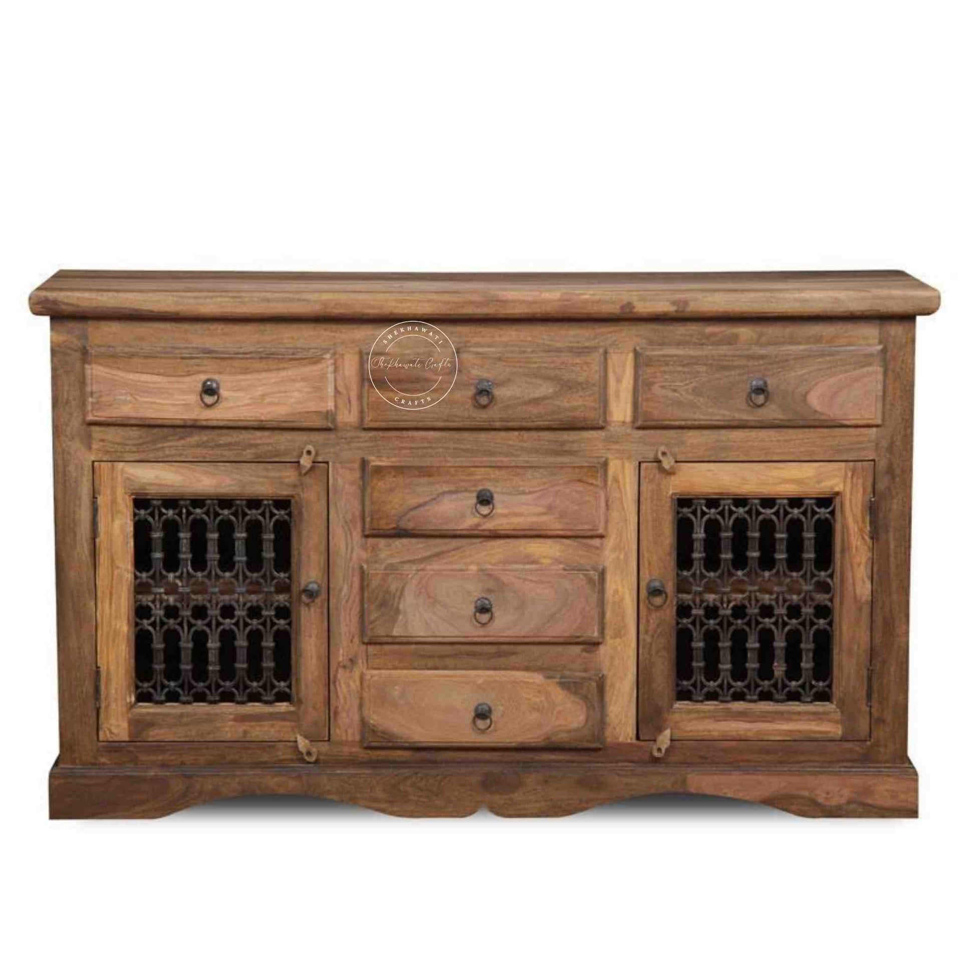 handcrafted shekhawati iron jali buffet, made with sheesham wood feature six drawers and two-door with detachable shelf