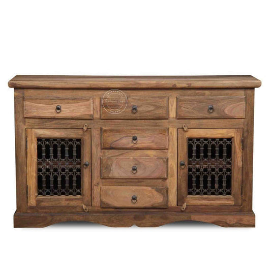 handcrafted shekhawati iron jali buffet, made with sheesham wood feature six drawers and two-door with detachable shelf