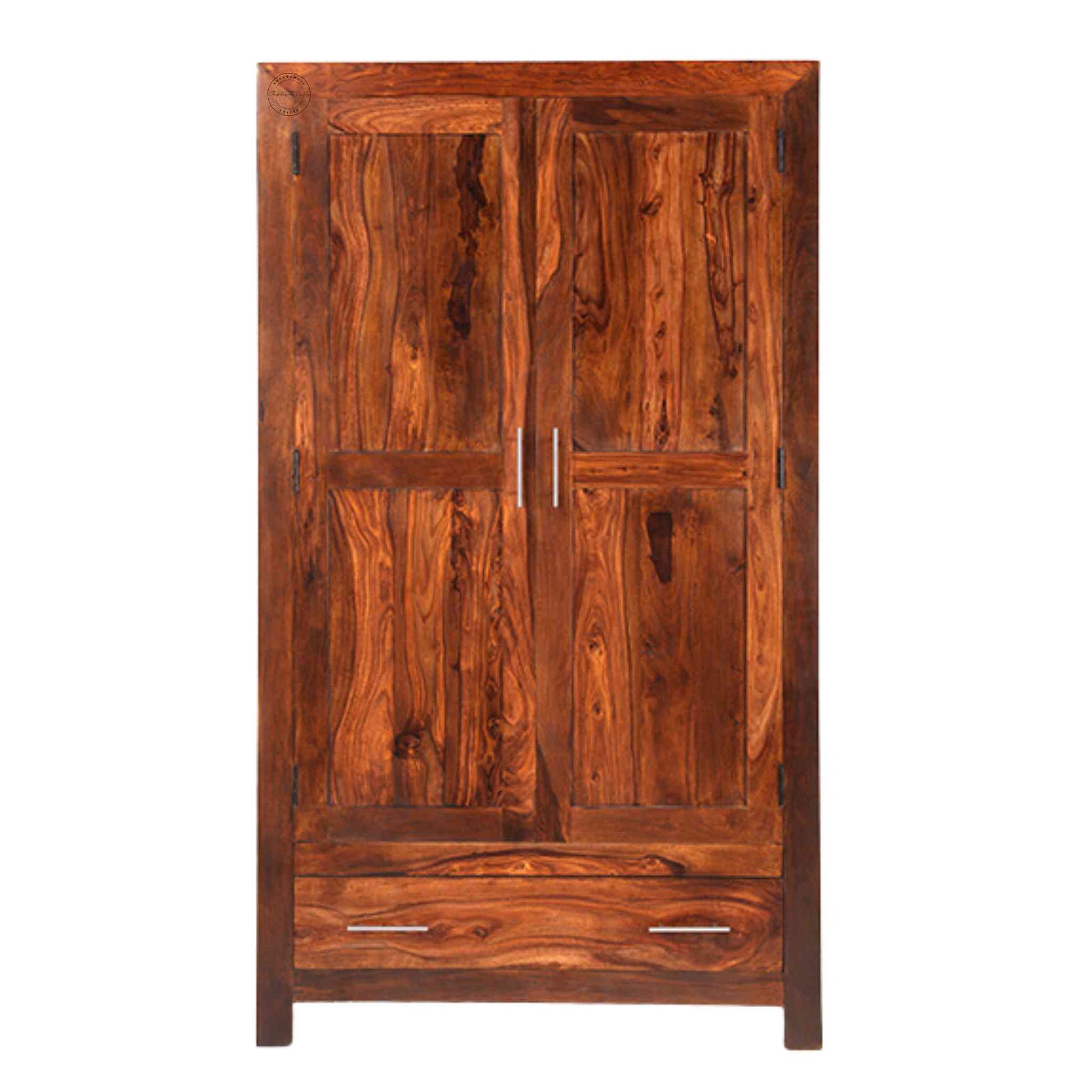 Stafford Wardrobe, handcrafted from solid sheesham wood, with a honey finish, two doors, bottom drawer, adjustable shelves, ideal for modern wardrobe storage and bedroom furniture.