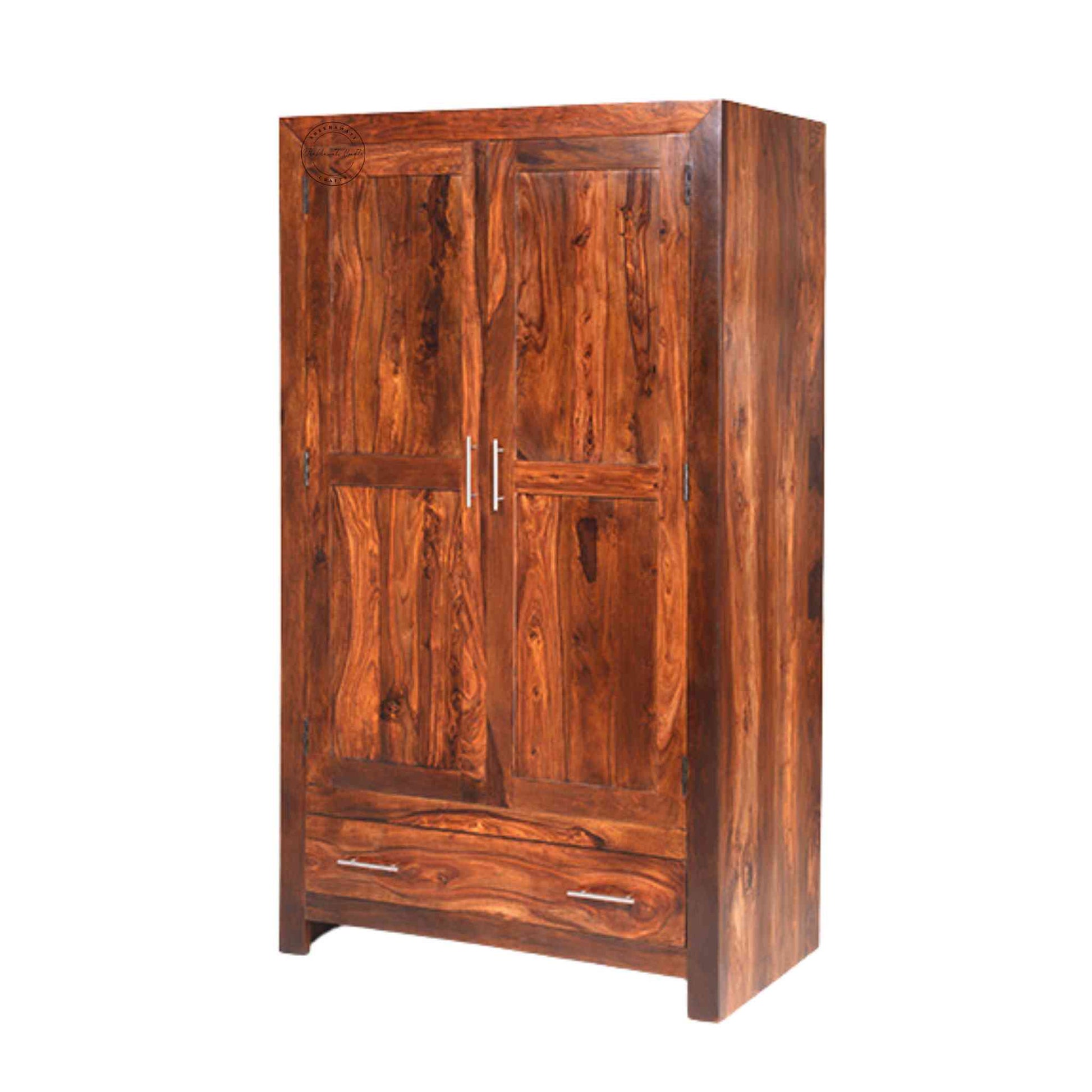 Stafford Wardrobe, handcrafted from solid sheesham wood, with a honey finish, two doors, bottom drawer, adjustable shelves, ideal for modern wardrobe storage and bedroom furniture.