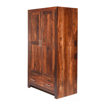 Stafford Wardrobe, handcrafted from solid sheesham wood, with a honey finish, two doors, bottom drawer, adjustable shelves, ideal for modern wardrobe storage and bedroom furniture.