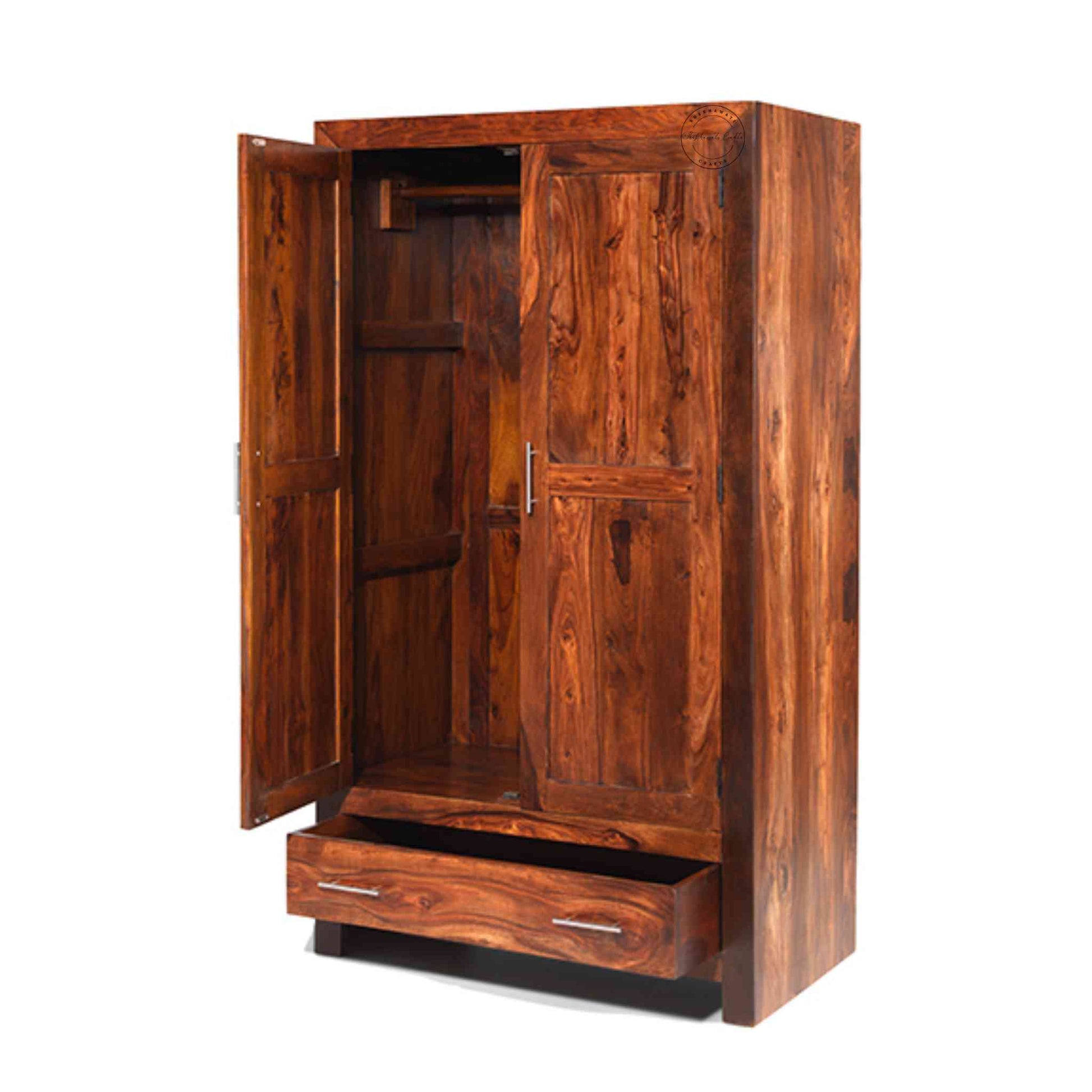 Stafford Wardrobe, handcrafted from solid sheesham wood, with a honey finish, two doors, bottom drawer, adjustable shelves, ideal for modern wardrobe storage and bedroom furniture.