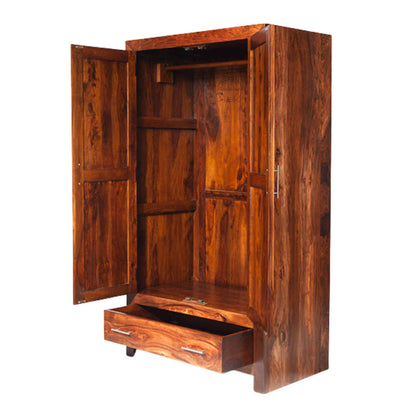 Stafford Wardrobe, handcrafted from solid sheesham wood, with a honey finish, two doors, bottom drawer, adjustable shelves, ideal for modern wardrobe storage and bedroom furniture.