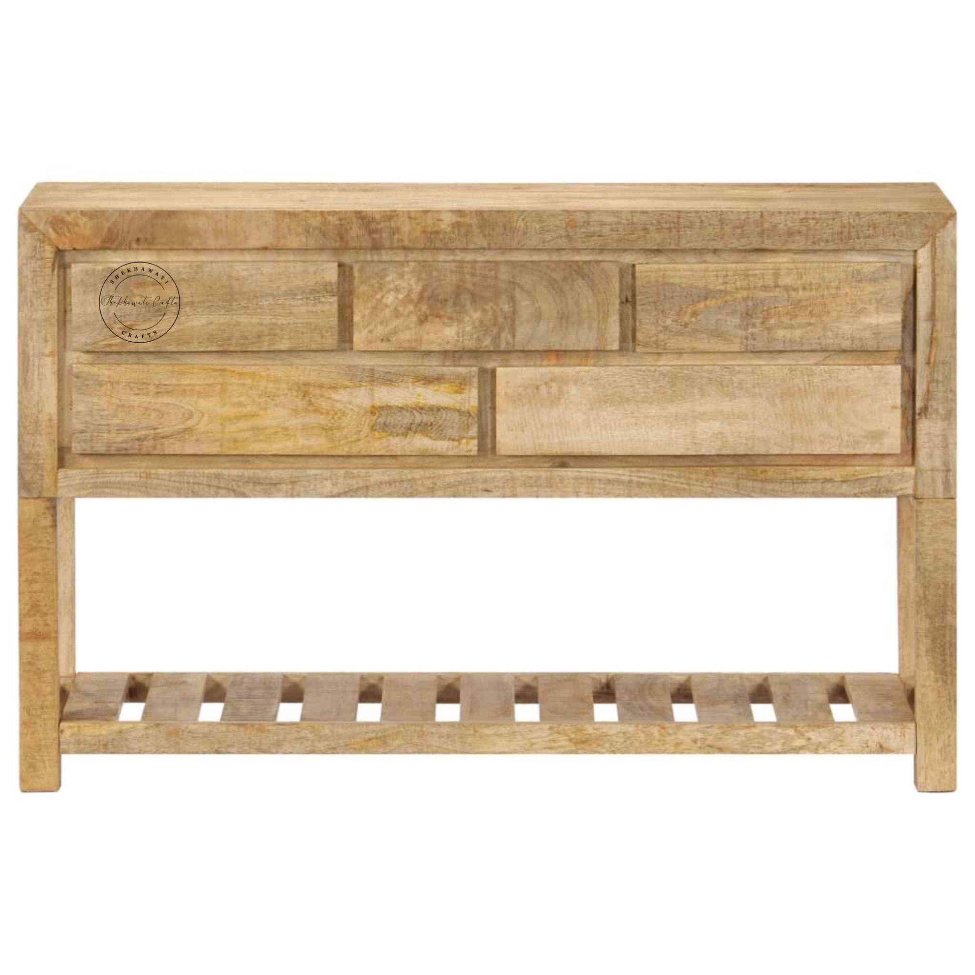 handcrafted wooden console with five drawers and a bottom shelf 