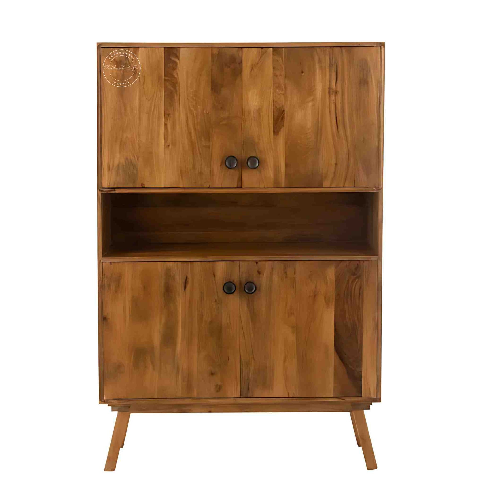 Handcrafted Umber Cabinet made from mango wood with a natural wood finish. It features four doors and detachable shelves.