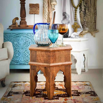 Handcrafted Varsa Accent Table crafted from mango wood with a natural finish and vintage appearance.