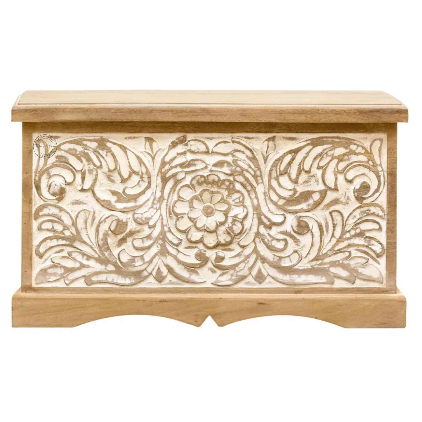 Verona Trunk is handcrafted with mango wood, a hand-carved design on the front side and a rustic white finish.